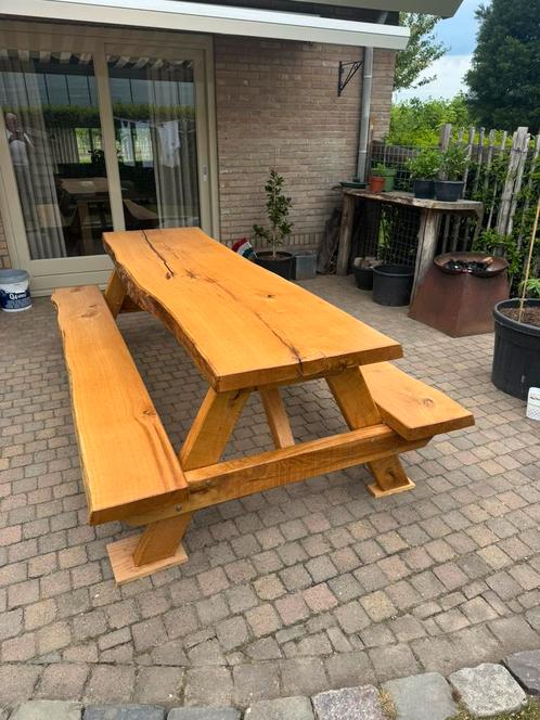 Mooie handgemaakte eiken picknicktafel, Tuin en Terras, Picknicktafels, Nieuw, Rechthoekig, Hout, Ophalen of Verzenden