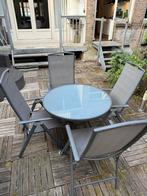 Ronde glazen tafel met stoelen, Tuin en Terras, Tuinsets en Loungesets, Ophalen, Gebruikt, 3 zitplaatsen, Aluminium