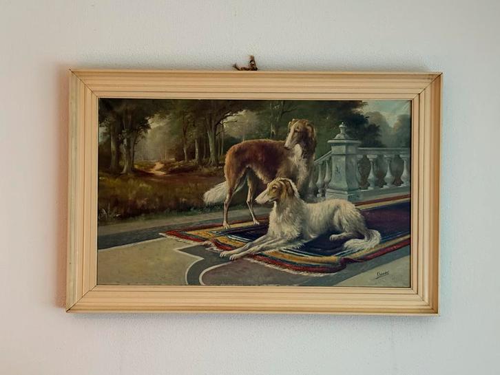 Klassiek Schilderij Borzoi Honden - S. Schreuder Gesigneerd, Antiek en Kunst, Kunst | Schilderijen | Klassiek, Ophalen of Verzenden