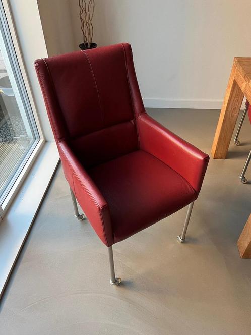 6 verrijdbare leren (eetkamer)stoelen, Huis en Inrichting, Stoelen, Gebruikt, Vijf, Zes of meer stoelen, Leer, Metaal, Rood, Ophalen