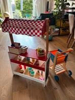 Speelgoedwinkeltje met houten kassa en Hape winkelwagentje, Ophalen, Gebruikt, Ontdekken, Met geluid