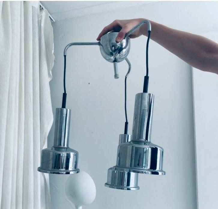 Vintage Hanglamp Met 3 Chroom Kappen Deens Design, Huis en Inrichting, Lampen | Hanglampen, Zo goed als nieuw, Metaal, Ophalen of Verzenden
