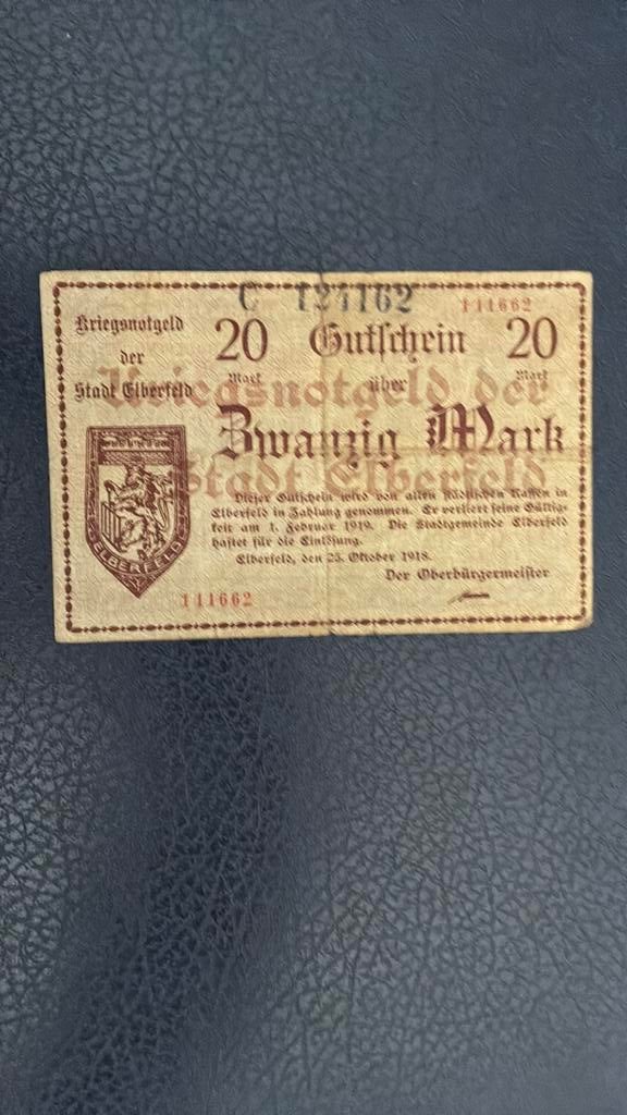 Stadt Elberfeld 20 mark 1918, Postzegels en Munten, Bankbiljetten | Europa | Niet-Eurobiljetten, Ophalen of Verzenden, Duitsland
