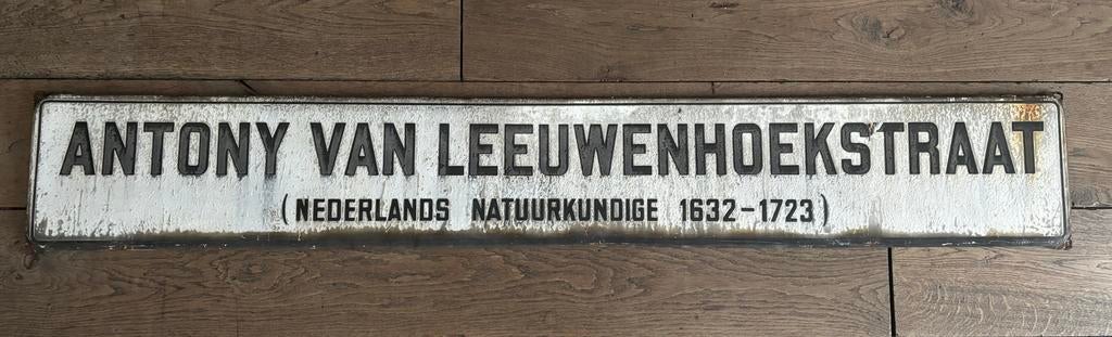 Oud Emaille straatnaambord Antony van Leeuwenhoek, Ophalen of Verzenden