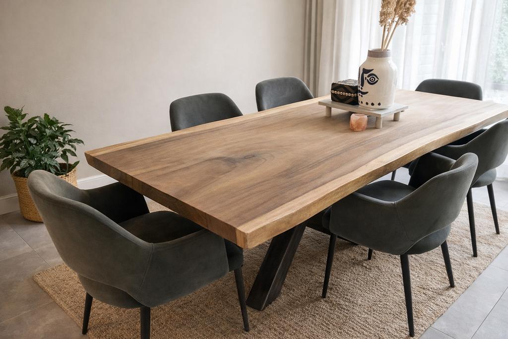 Boomstamtafel 220 met stoelen, Huis en Inrichting, Tafels | Eettafels, 200 cm of meer, Zo goed als nieuw, Rechthoekig, 50 tot 100 cm