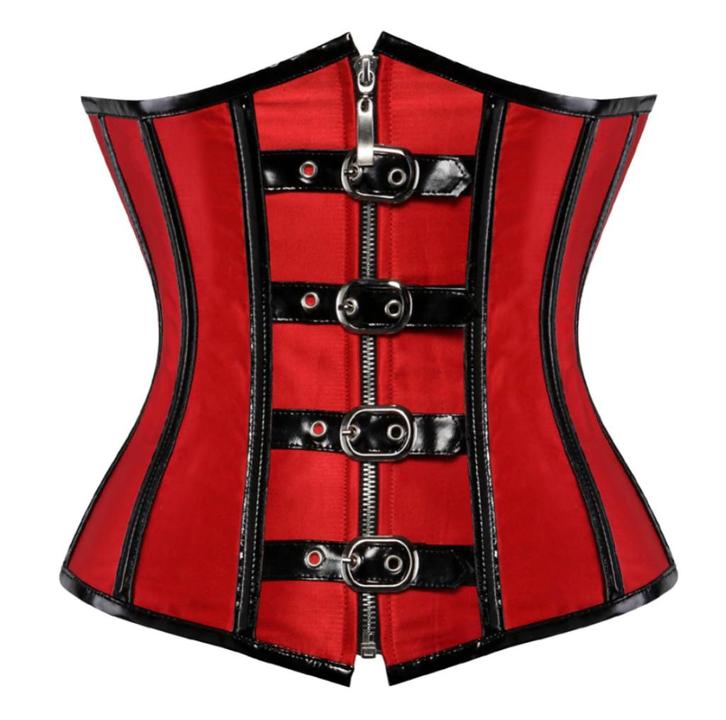 Rood met zwart korset steampunk gothic leren gespen dames, Kleding | Dames, Ondergoed en Lingerie, Body of Korset, Verzenden