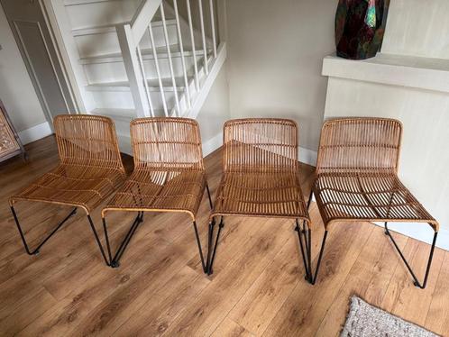 Set van 4 rotan eetkamerstoelen, Huis en Inrichting, Stoelen, Gebruikt, Vier, Metaal, Riet of Rotan, Bruin, Ophalen