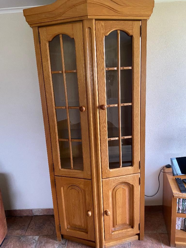 Vitrinekast met onderkast grenen met verlichting, Ophalen, Gebruikt, 200 cm of meer, 50 tot 100 cm