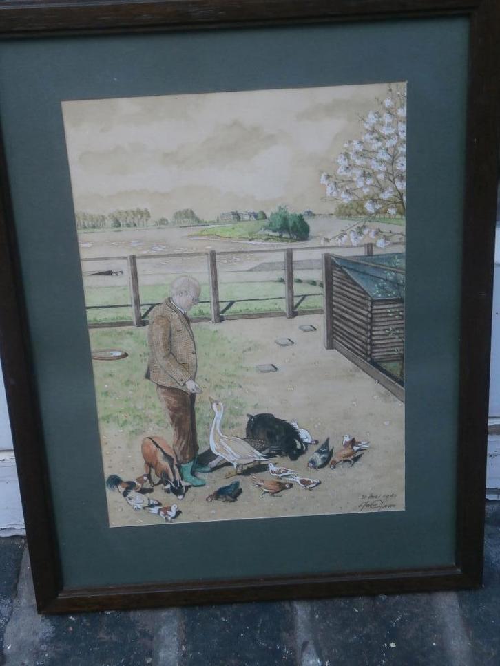 Hans GIEZEN, Aquarel/Pastel Dieren voeren bij het Hok, Antiek en Kunst, Kunst | Schilderijen | Klassiek, Ophalen of Verzenden