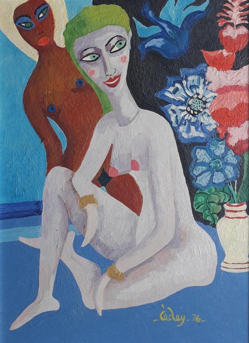 2 NAAKTE MEISJES MET BLOEMEN 🌸 EROTIEK🌷OUD 1976>VROUW, Antiek en Kunst, Kunst | Schilderijen | Klassiek, Ophalen of Verzenden