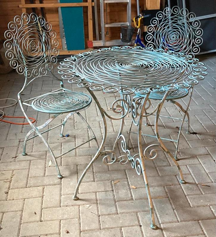 Vintage Frans bistrosetje, 2 stoeltjes en tafel, inklapbaar, Tuin en Terras, Tuinsets en Loungesets, Gebruikt, 2 zitplaatsen, Stoel