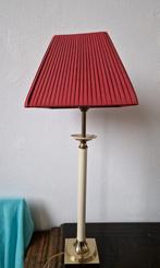Vintage tafellamp lamp messing crème rode kap geplisseerd, Ophalen