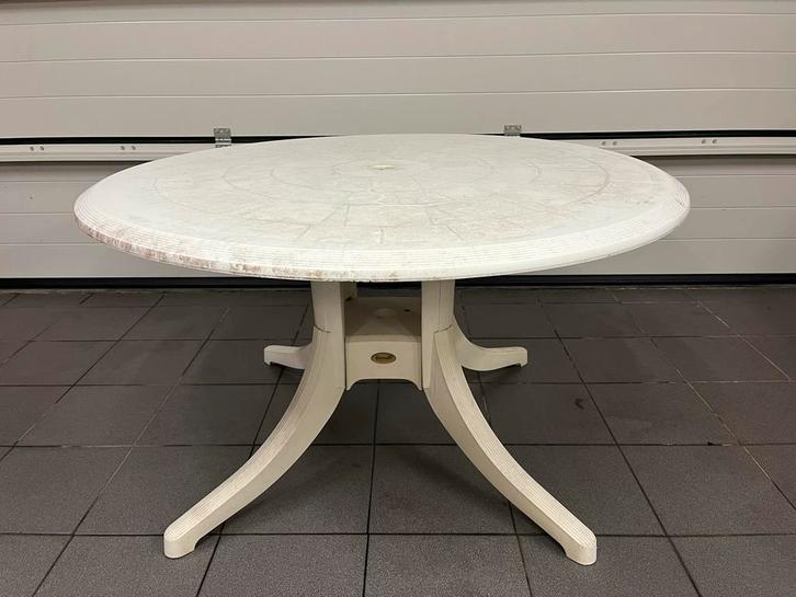 TEAB Ronde Hartman Prestige tuintafel creme wit, 120cm, 67cm, Tuin en Terras, Tuintafels, Gebruikt, Rond, Kunststof, Ophalen