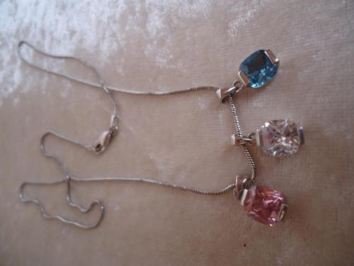 925 zilveren collier met 3 gekleurd fonkelend kristallen, Sieraden, Tassen en Uiterlijk, Kettingen, Nieuw, Zilver, Zilver, Met hanger