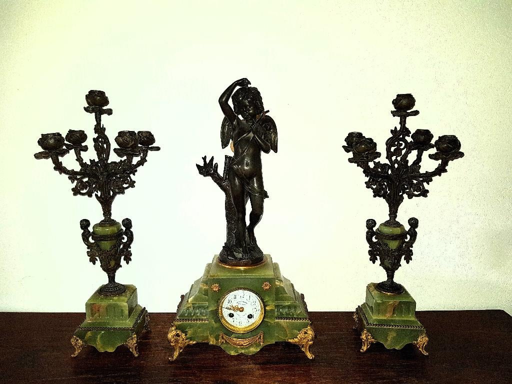 Antiek Frans Klokkenstel –  ca. 1890 – Groen Onyx, Ophalen of Verzenden