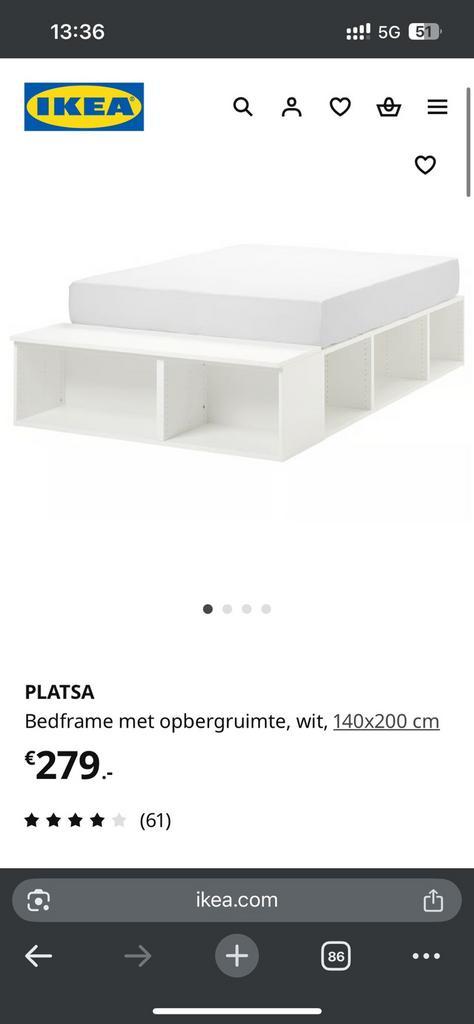 Ikea platsa bedframe 140x200, Huis en Inrichting, Slaapkamer | Bedden, Zo goed als nieuw, Tweepersoons, 140 cm, Hout, Wit, Ophalen of Verzenden