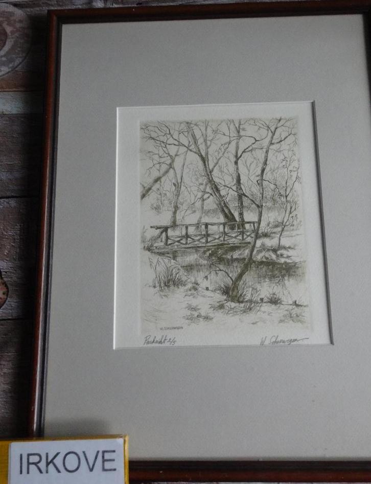 ETS * PARKZICHT BRUG * Gesigneerd W. Schuerwege*, Antiek en Kunst, Kunst | Etsen en Gravures, Verzenden