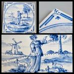 Tegel in blauw-wit,  herdertegel met hoekmotieven, Ophalen of Verzenden