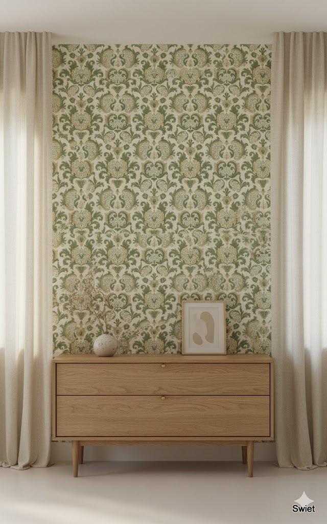 14226 vintage barok behang in groen met rustige sfeer swiet, Huis en Inrichting, Stoffering | Behang, Beige, Groen, minder dan 10 m²