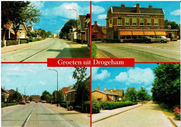 Ansichtkaart Drogeham, straatjes, café-restaurant, Verzamelen, Ansichtkaarten | Nederland, Ongelopen, Friesland, 1980 tot heden
