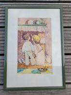 Vintage ingelijste prent:  kinderen bij haard, Antiek en Kunst, Ophalen of Verzenden