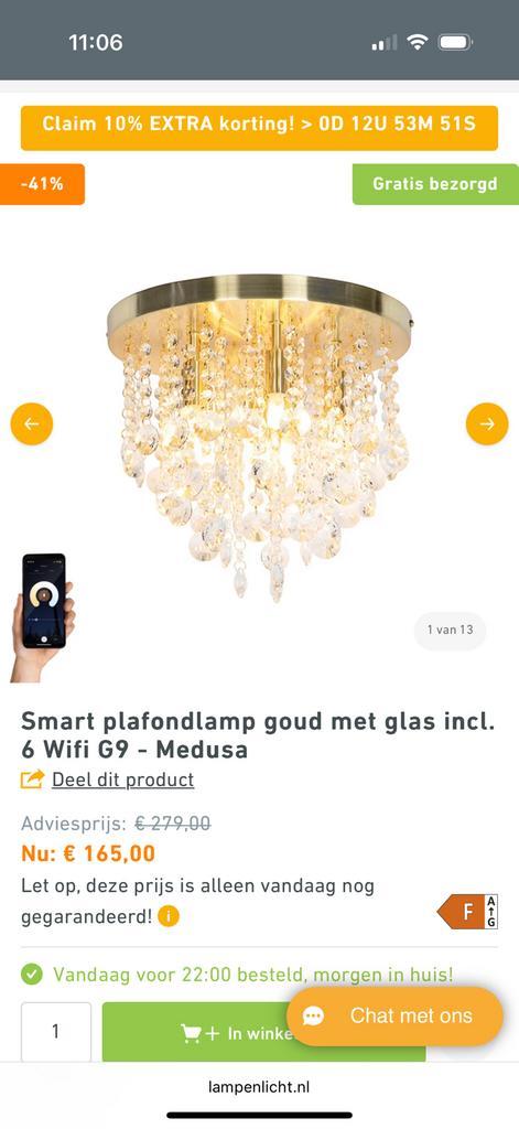 Smart plafondlamp goud met glas incl. wifi, Huis en Inrichting, Lampen | Plafondlampen, Nieuw, Glas, Metaal, Ophalen of Verzenden