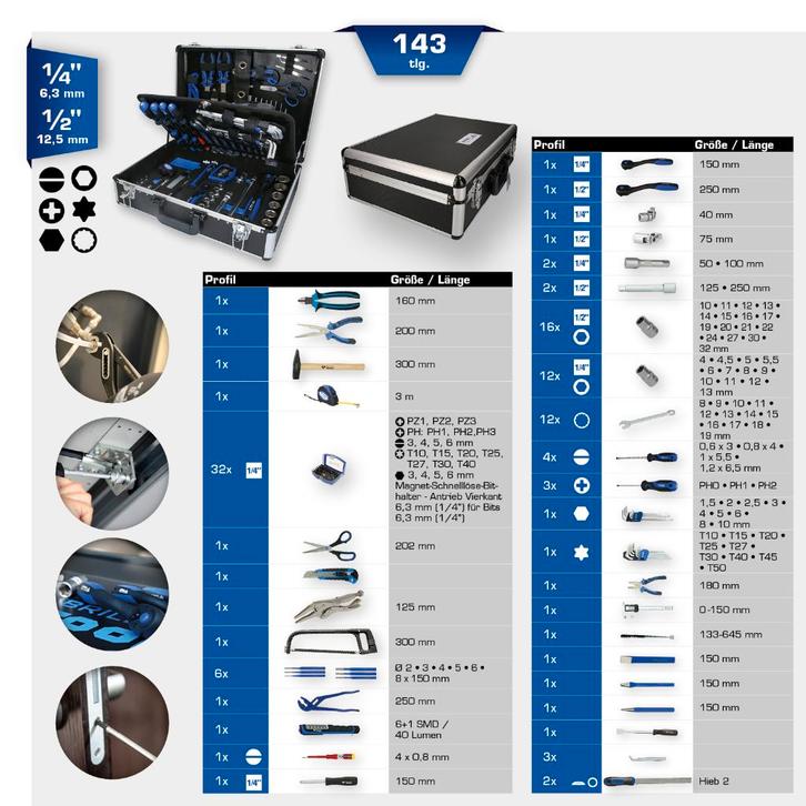 BT024143 | 1/4"- 1/2" universele gereedschapset, 143 dlg, Auto diversen, Autogereedschap, Nieuw, Ophalen of Verzenden