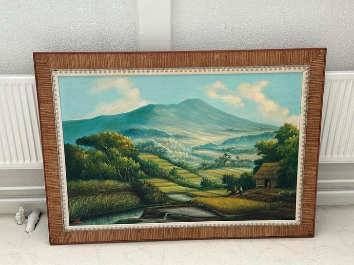 Ingelijst Schilderij Indonesisch Berglandschap, Antiek en Kunst, Kunst | Schilderijen | Klassiek, Ophalen of Verzenden
