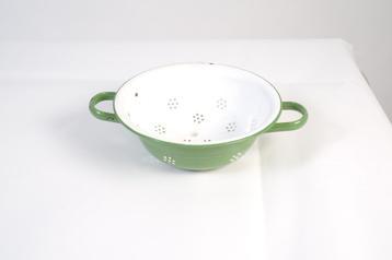 Vintage brocante groen wit emaille vergiet beschikbaar voor biedingen