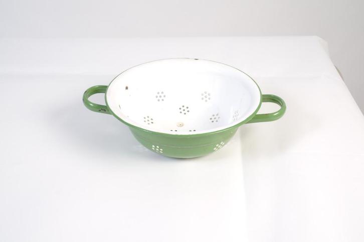 Vintage brocante groen wit emaille vergiet, Antiek en Kunst, Antiek | Emaille, Ophalen of Verzenden