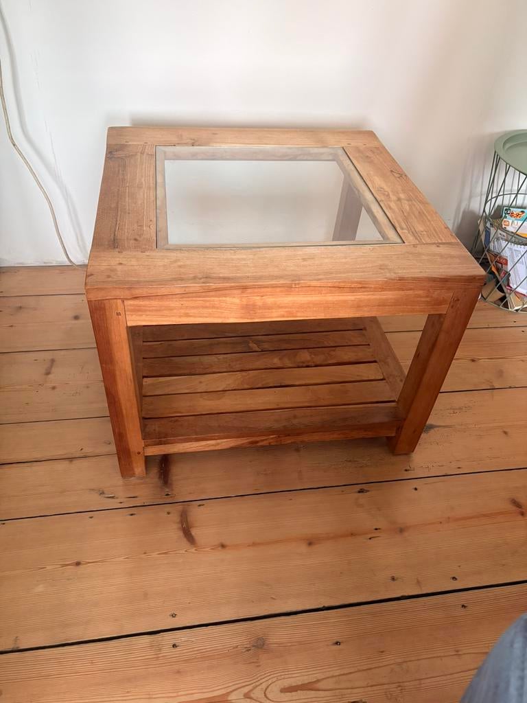 Teak houten tafel met glasplaat, Huis en Inrichting, Tafels | Salontafels, Ophalen, Gebruikt, 50 tot 100 cm, 50 tot 100 cm