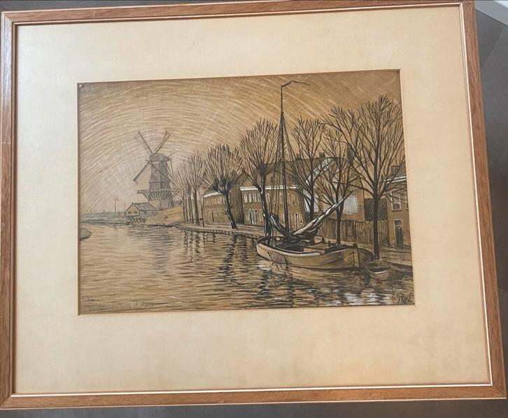Tekening Oud Rotterdam - RvL, Antiek en Kunst, Kunst | Tekeningen en Foto's, Ophalen of Verzenden