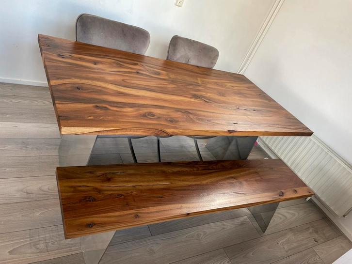 Designer Eettafel met Bankje - Hout & RVS, Huis en Inrichting, Tafels | Eettafels, Zo goed als nieuw, 50 tot 100 cm, 150 tot 200 cm