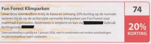 Fun Forest Klimparken 20% korting Postcode kortingsbon nr 74, Tickets en Kaartjes, Recreatie | Pretparken en Attractieparken, Drie personen of meer