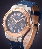 Guess horloge, blauw met goud, leren band + etui, als nieuw!, Ophalen of Verzenden, Zo goed als nieuw, Blauw, Staal