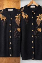 Vintage Paquito Gebreid Vest - Zwart met Bloemen, Ophalen of Verzenden, Gedragen, Maat 38/40 (M), Zwart