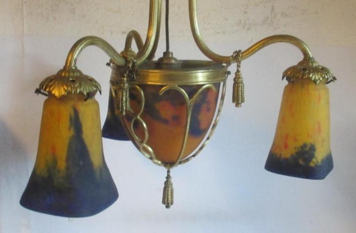 art deco bronzen luster lamp pate de verre Muller Luneville, Antiek en Kunst, Antiek | Lampen, Ophalen