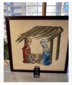 Lijst Brocante geborduurd Jozef Maria Jezus 25 x 23 cm, Antiek en Kunst, Ophalen of Verzenden