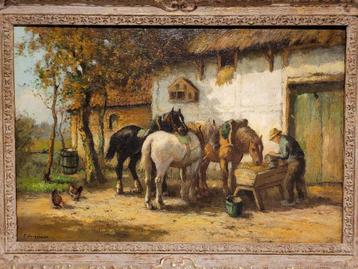 Cor Bouter (1888-1966) doek Voedertijd paarden 40 x 60,5 cm.