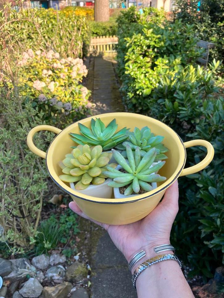 Gele Emaille Bloempot met Handvatten, Antiek en Kunst, Antiek | Emaille, Ophalen of Verzenden