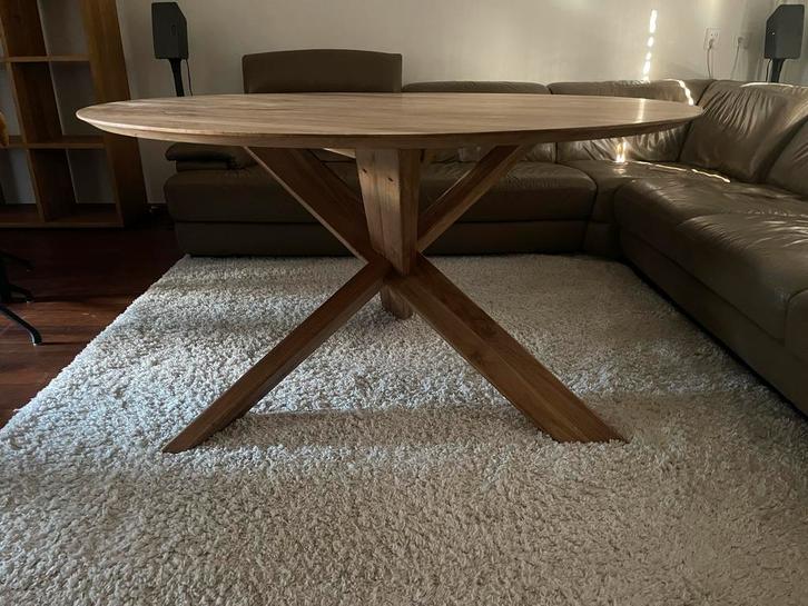 Merk Ethnicraft: Ronde Teak Houten Tafel - 163cm, Huis en Inrichting, Tafels | Eettafels, Gebruikt, 150 tot 200 cm, Vijf personen of meer