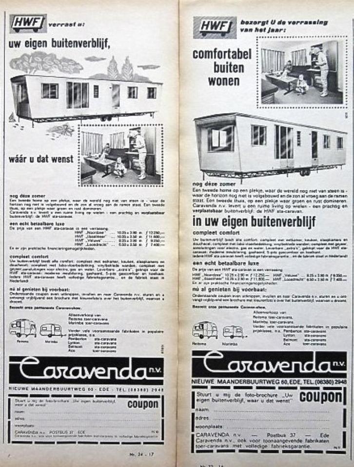 2 vintage advertenties reclames Caravenda caravan 1965, Verzamelen, Merken en Reclamevoorwerpen, Gebruikt, Overige typen, Verzenden