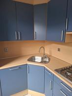 Blauwe Hoekkeuken met Houten Blad, Huis en Inrichting, Gebruikt, Blauw, Hoekkeuken, Ophalen of Verzenden