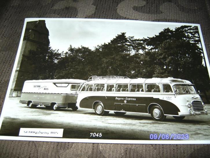 6 foto Campingbus Setra + aanhangwagen + beschrijvingen 1957, Verzamelen, Foto's en Prenten, Gebruikt, Foto, Overige onderwerpen