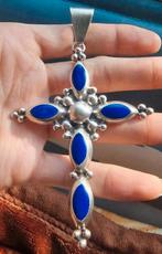 Zilveren Kettinghanger: Kruis Met 5 Blauwe Edelstenen🔥, Ophalen of Verzenden, Zo goed als nieuw, Zilver, Zilver