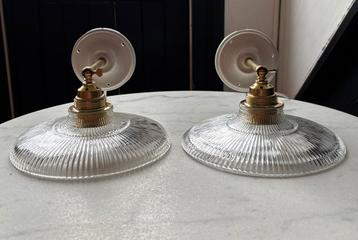 Set vintage 2 holophane ronde lampenkapjes wandlampen glas beschikbaar voor biedingen