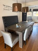 Donkere houten eetkamer tafel met 5 zilveren stoelen, Ophalen, Gebruikt, Landelijk, 4 tot 6 stoelen
