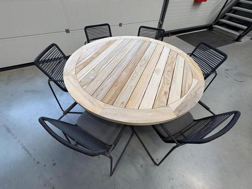 4 Seasons Outdoor Louvre & Elba tuinset 7delig, Tuin en Terras, Tuintafels, Nieuw, Rond, Teakhout, Ophalen