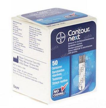 Bayer Contour NEXT verpakking met 50/100 diabetes teststrips beschikbaar voor biedingen