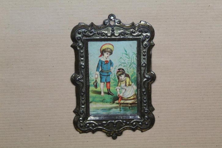 (43) Antiek poppenhuis schilderijtje blikken rand, Antiek en Kunst, Antiek | Speelgoed, Ophalen of Verzenden